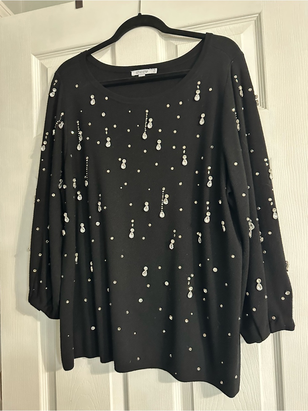 Chico's Black Embellished balloon sleeve sweater with Crystal embellishments